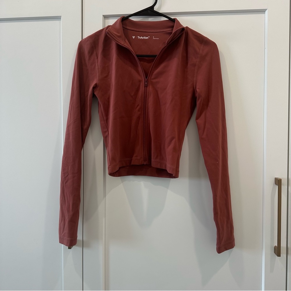 TNA Red V-Neck Sweater with Long Sleeves and Cropped Fit